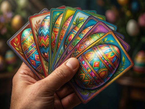 Eine Hand mit Karten, welche Ostereier darstellen